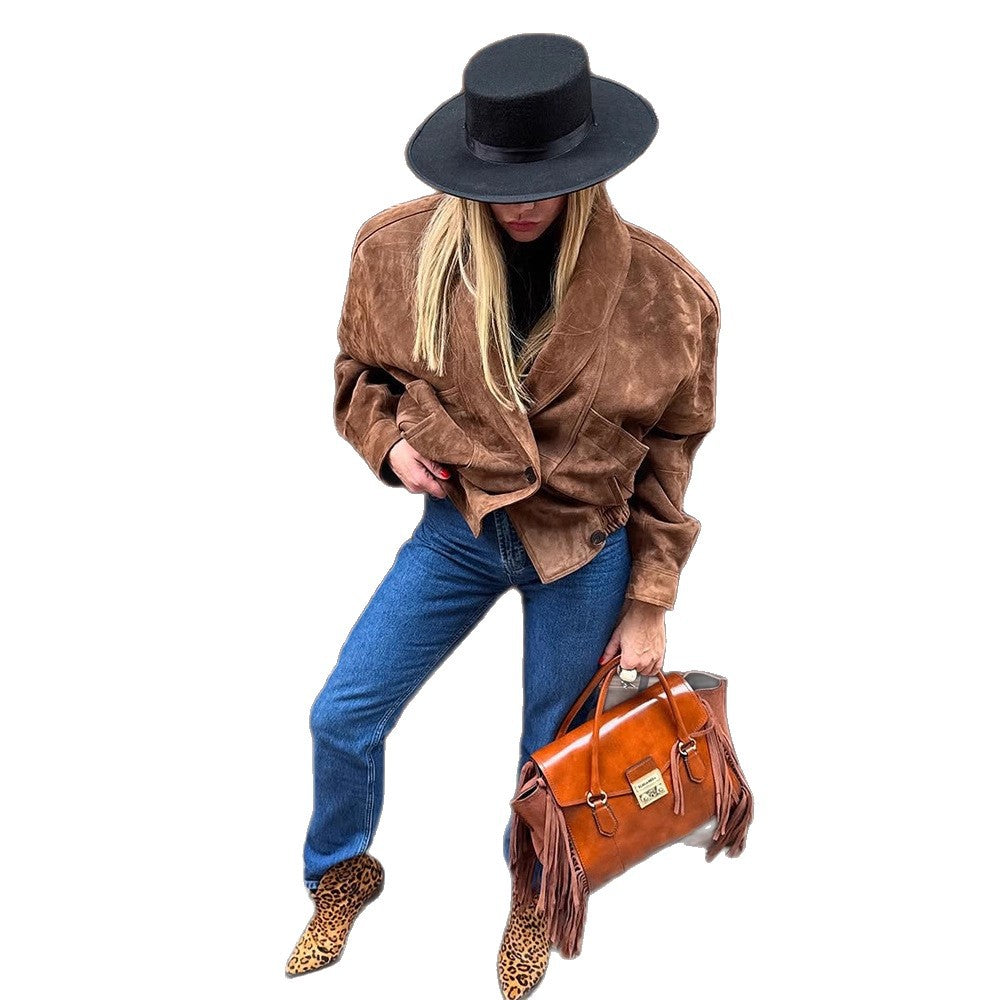 Oversized suede leather jacket for women with a modern cut and practical pockets Lune London