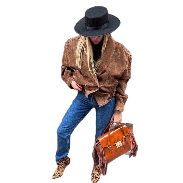 Oversized suede leather jacket for women with a modern cut and practical pockets Lune London