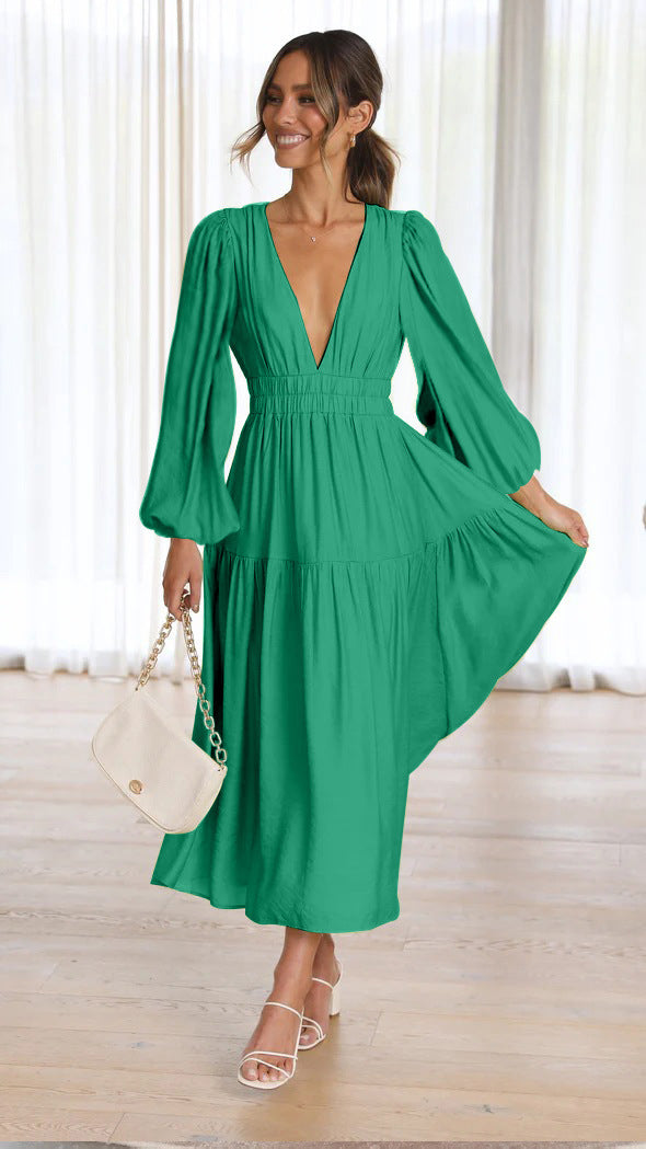 Women's Maxi Dress with Deep V-Neck and Wide Flared Sleeves Lune London