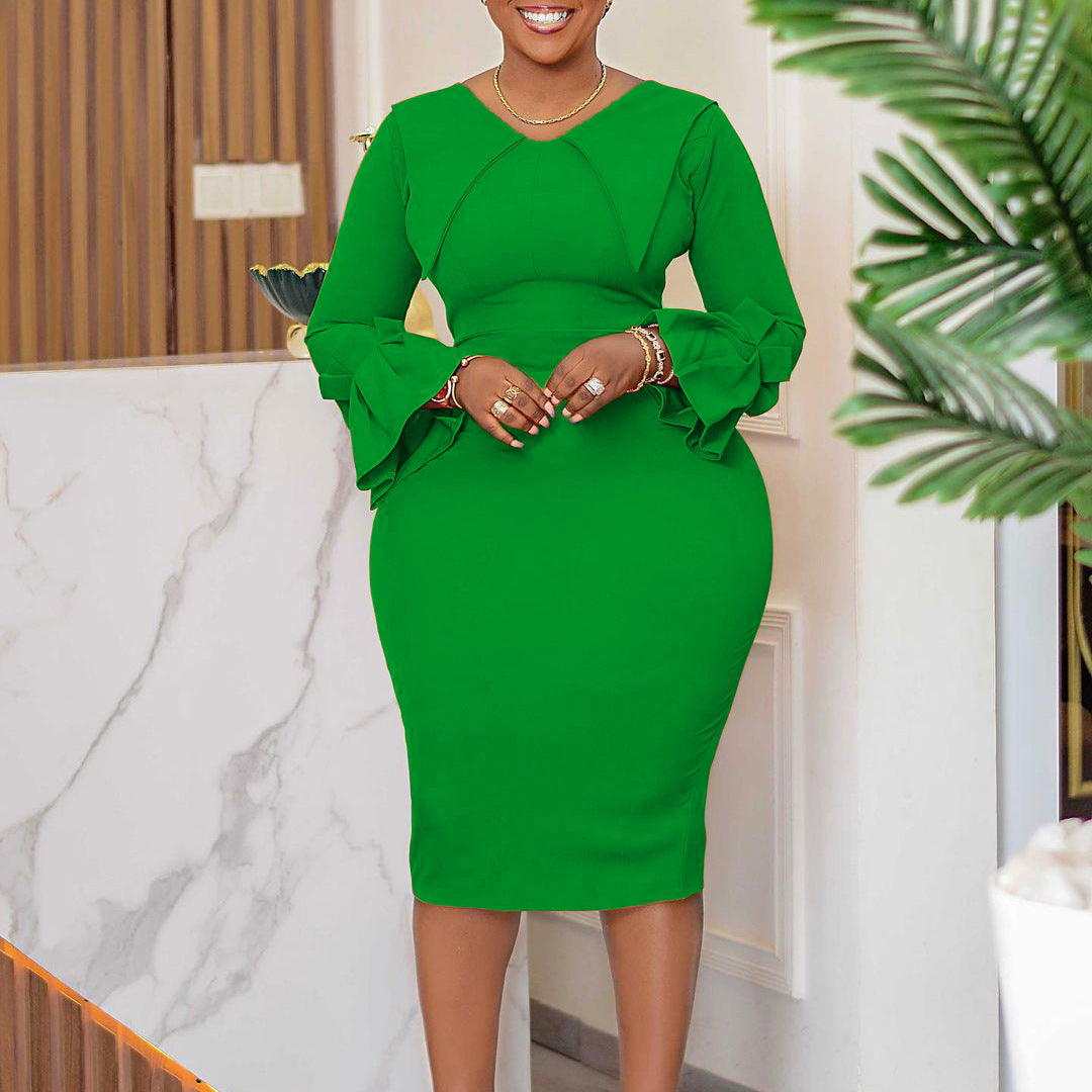 Ladies Elegant Cocktail Dress with Extravagant Ruffle Details and Long Chic and Stylish Sleeves