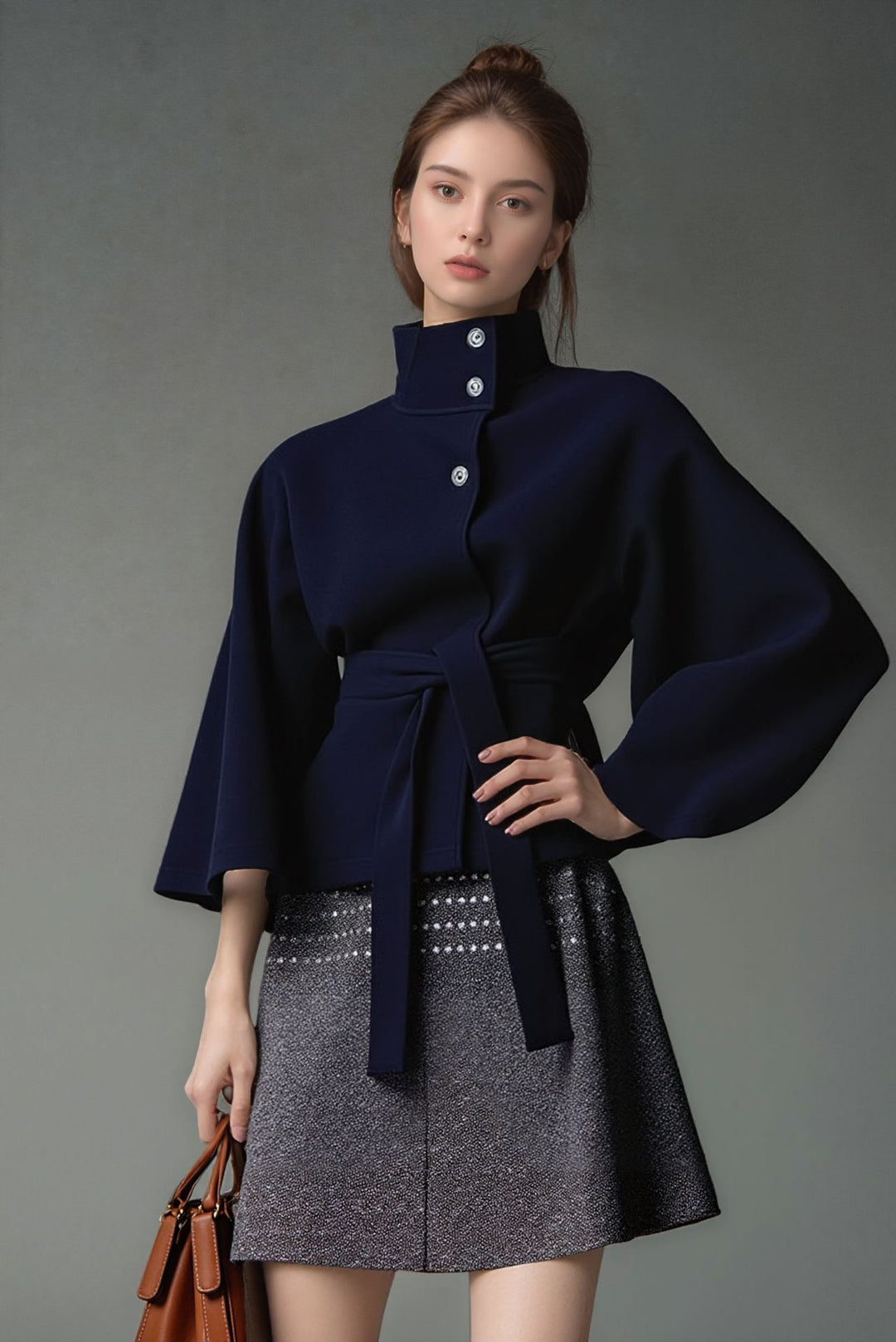 Ladies modern Cape-jacket with removable belt and high collar Lune London