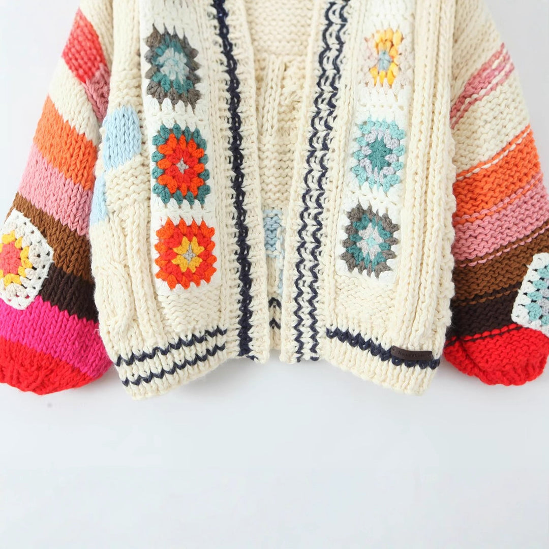 Trendy knitted jacket for women with colorful crochet patterns Lune London