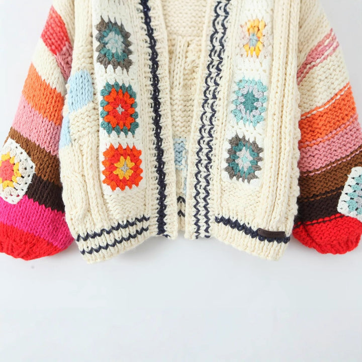 Trendy knitted jacket for women with colorful crochet patterns Lune London