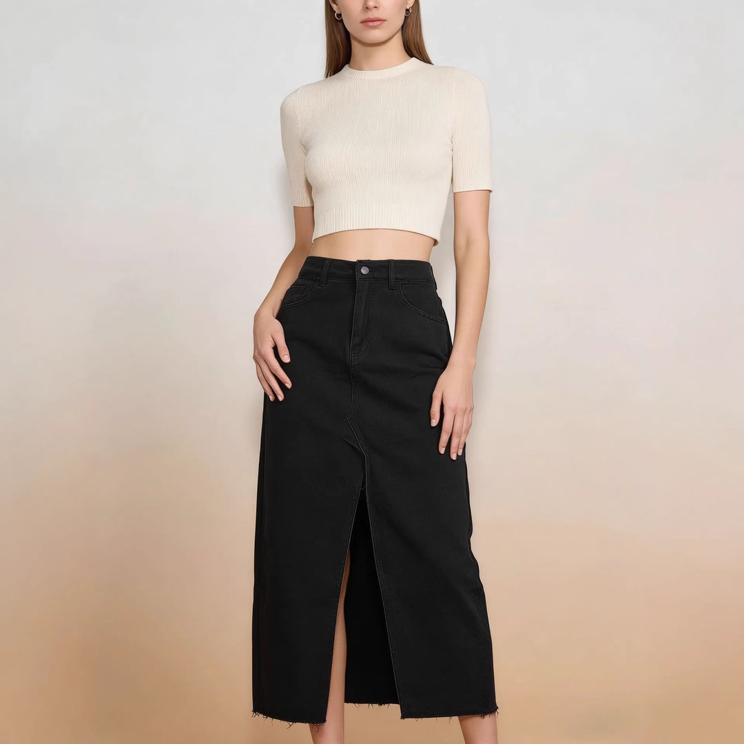 Women's Midi Denim Skirt with High Slit and Fringed Hem Lune London