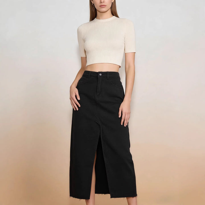 Women's Midi Denim Skirt with High Slit and Fringed Hem Lune London