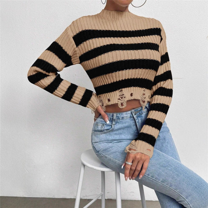 Ladies Cropped Sweater with stylish stripes and distressed details Lune London