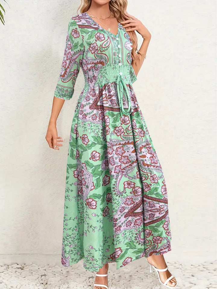 Maxi dress for ladies with paisley floral pattern and flattering V-neck Lune London