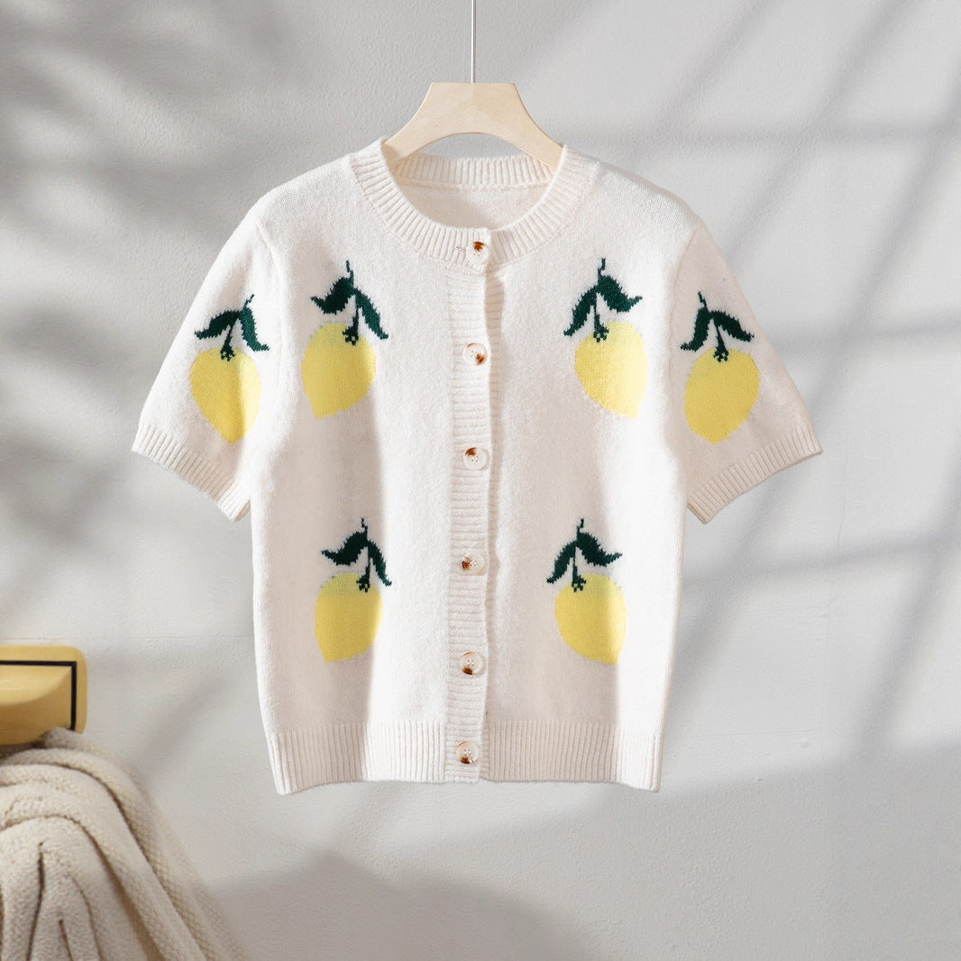 Knitted jacket for women with a cheerful lemon design and a short fit Lune London
