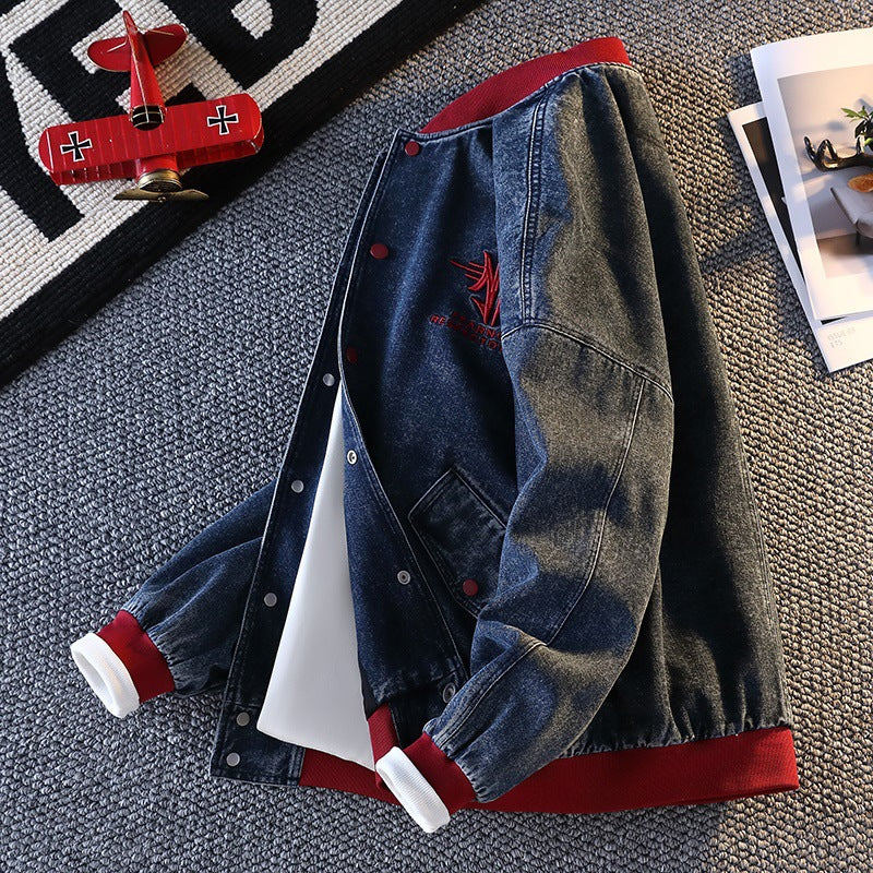 Men's casual denim jacket with university style and embroidered Lune London logo
