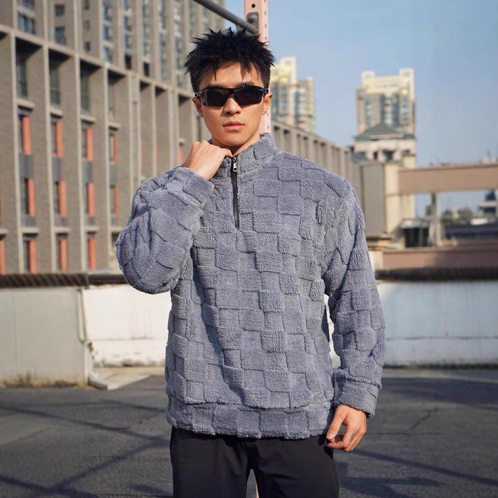 Men's fleece pullover with structured surface texture and high collar Lune London