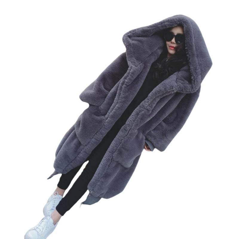Ladies Oversized Faux Fur Coat with Hood and Pockets Lune London