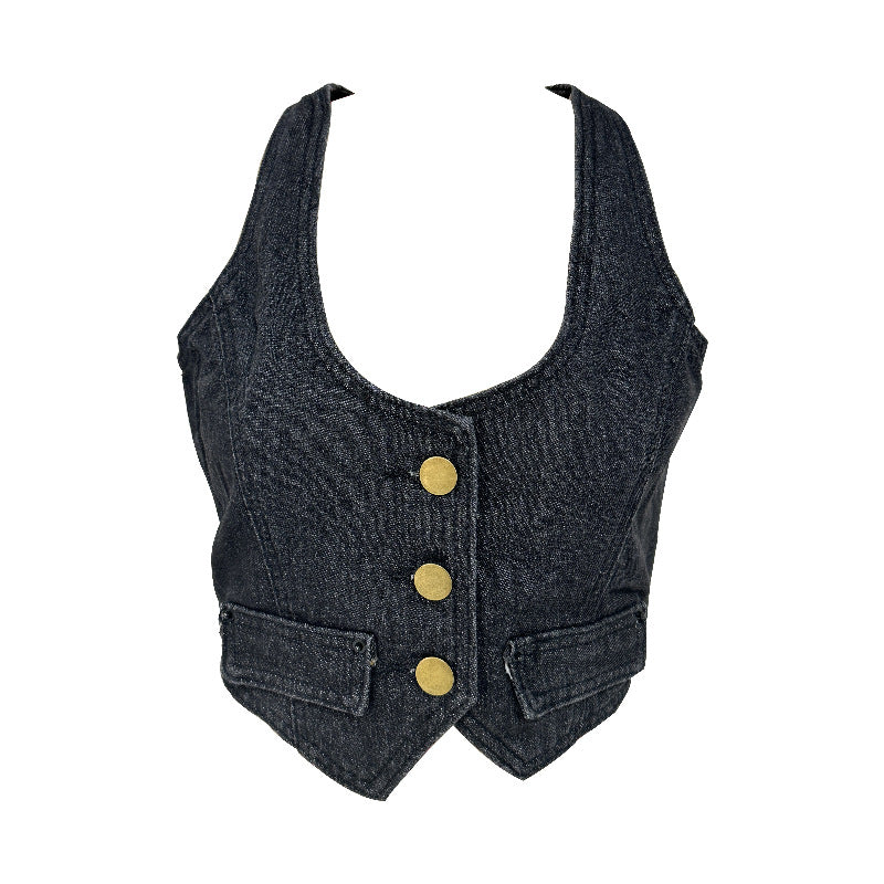 Women's denim vest with modern V-neck and practical pockets Lune London
