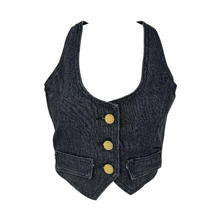 Women's denim vest with modern V-neck and practical pockets Lune London