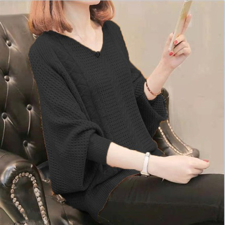 Lightweight knitted sweater for women with V-neck and openwork pattern Lune London