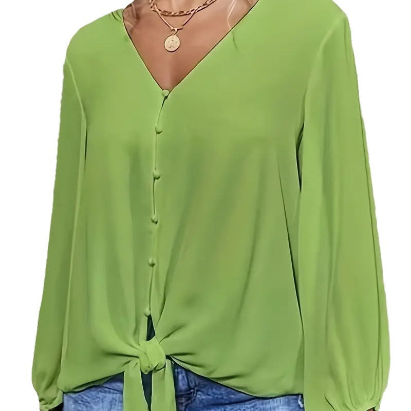 Elegant ladies blouse with knot detail and V-neck Lune London
