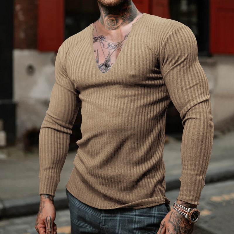 Men's V-neck long sleeve T-shirt with textured ribbed pattern Lune London