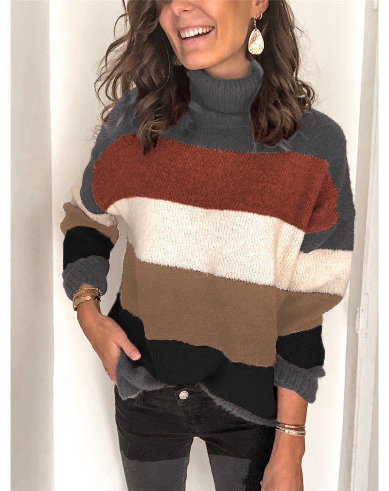 Stylish knitted sweater for women with a relaxed roll neck and chic color block design