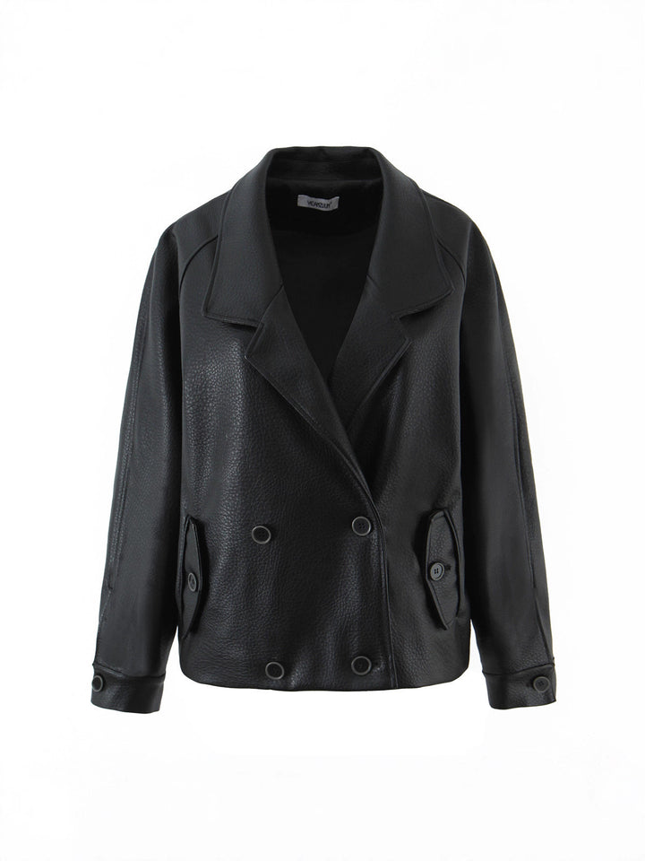 Faux leather jacket for women with double row of buttons and large lapels Lune London