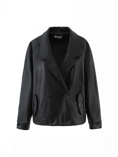 Faux leather jacket for women with double row of buttons and large lapels Lune London