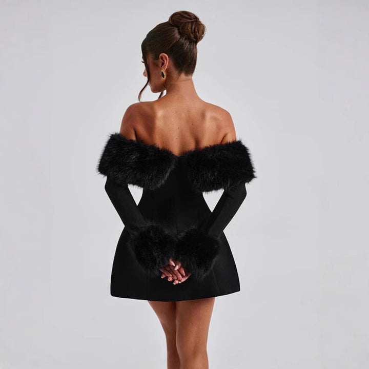 Off-the-shoulder cocktail dress for women with elegant felt borders Lune London