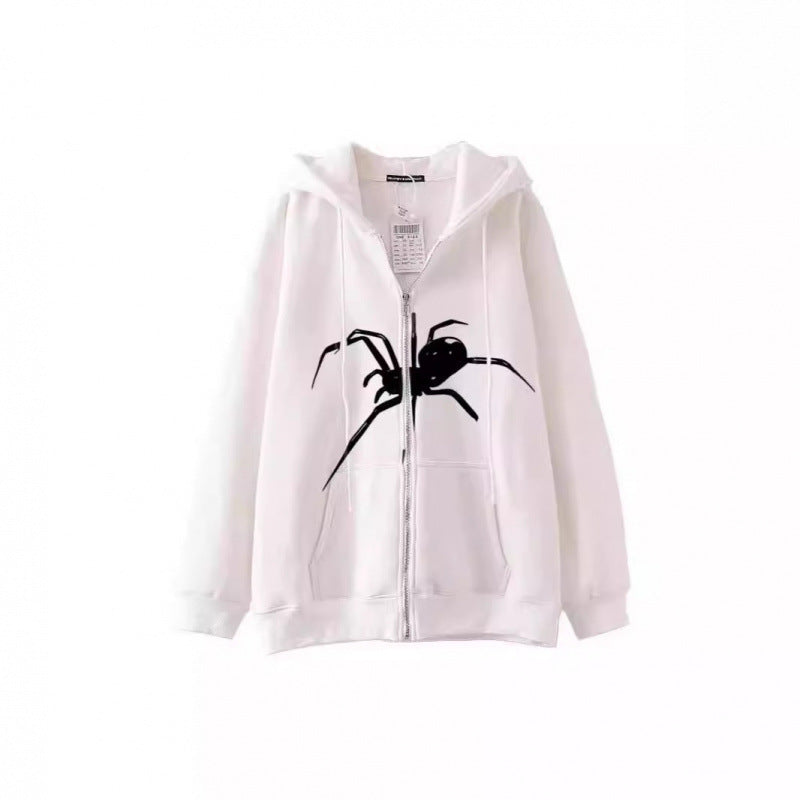 Women's hooded jacket with creative spider motif and practical zipper Lune London