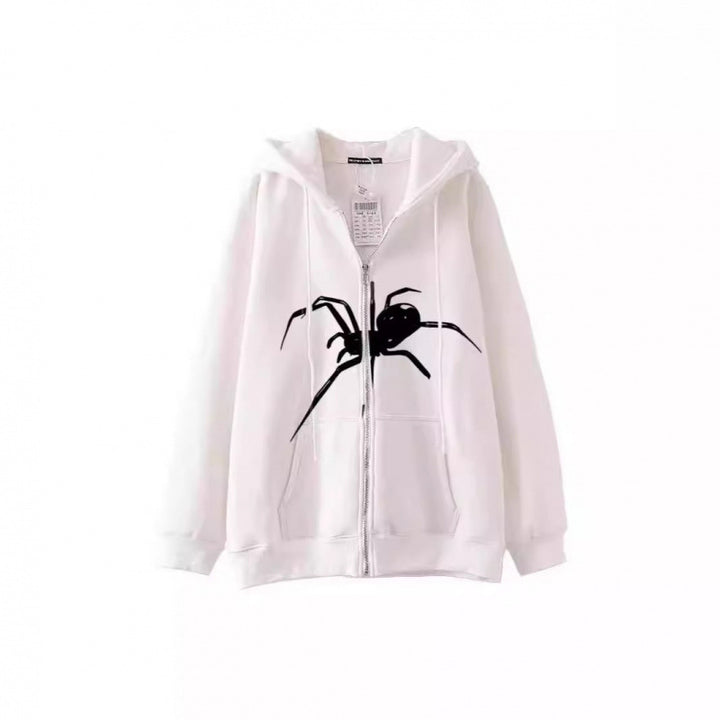 Women's hooded jacket with creative spider motif and practical zipper Lune London