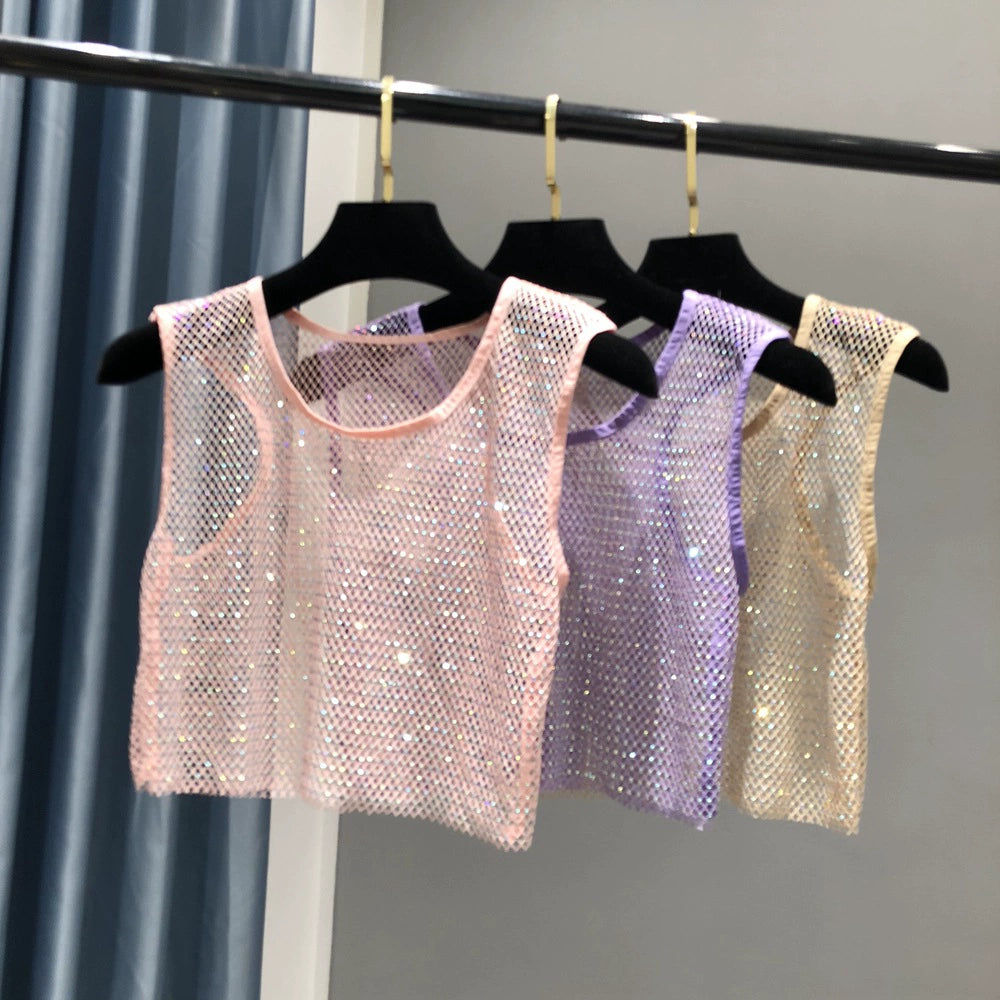 Lune London | Sexy Mesh Flash Diamond Fishnet Vest Nightclub Perspective Hot Girl T-Shirt Top