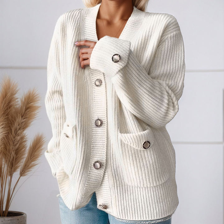 Chunky knit cardigan for women with practical pockets and stylish button details Lune London