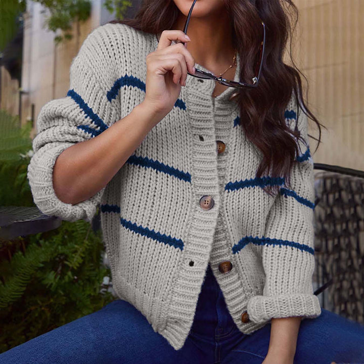 Knitted jacket for women with casual stripes and practical buttons Lune London