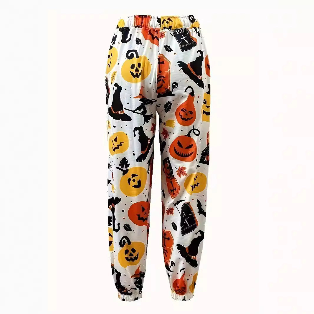 Casual pants for women with colorful Halloween pattern and elastic waistband Lune London
