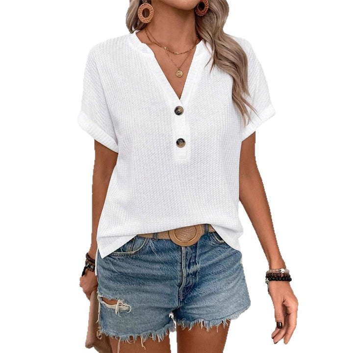 Casual short sleeve t-shirt for women with a decorative button placket design and a chic honeycomb texture