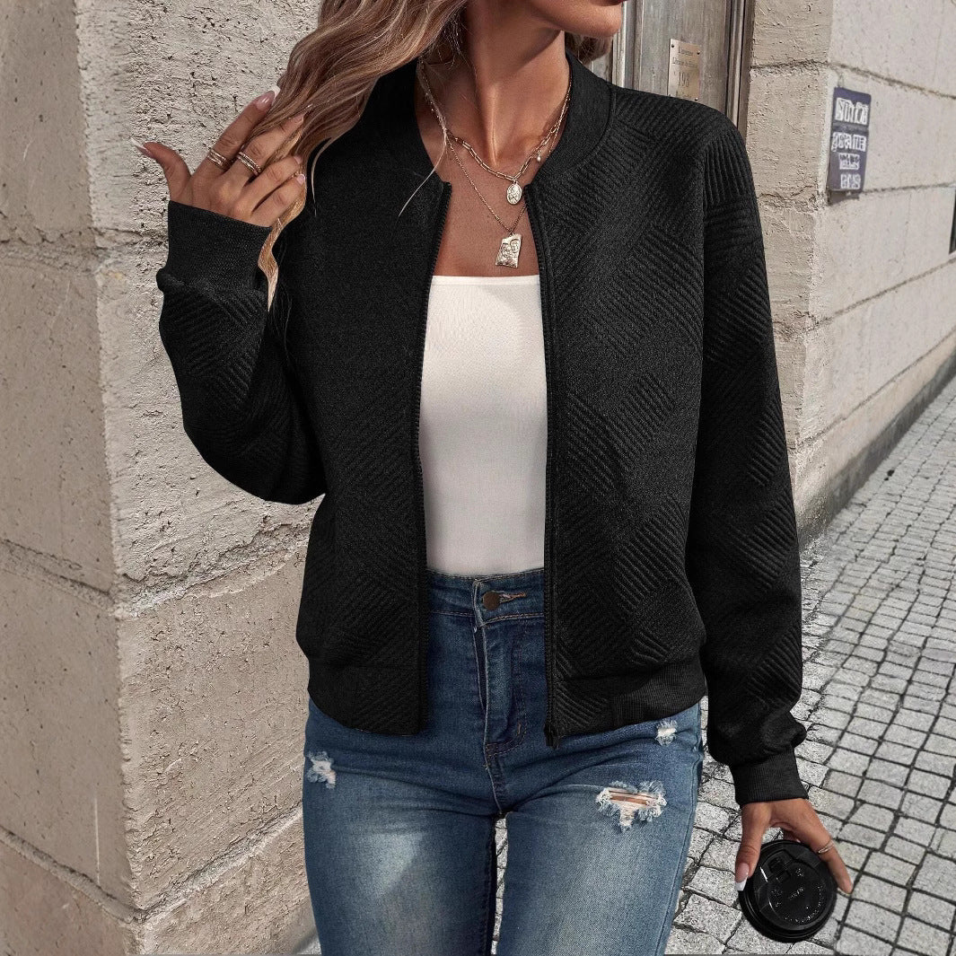 Ladies stylish sweatshirt jacket with textured pattern and high collar Chic and Style