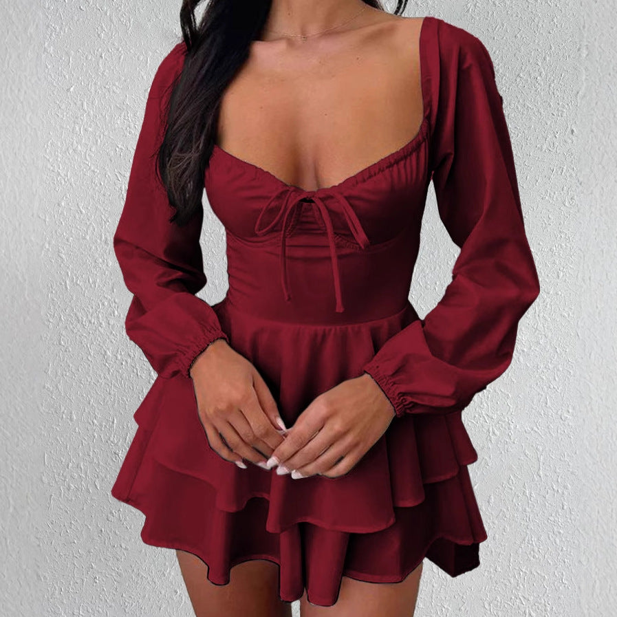 Ladies Mini Dress Play with ruffled hem and deep V-neck Lune London
