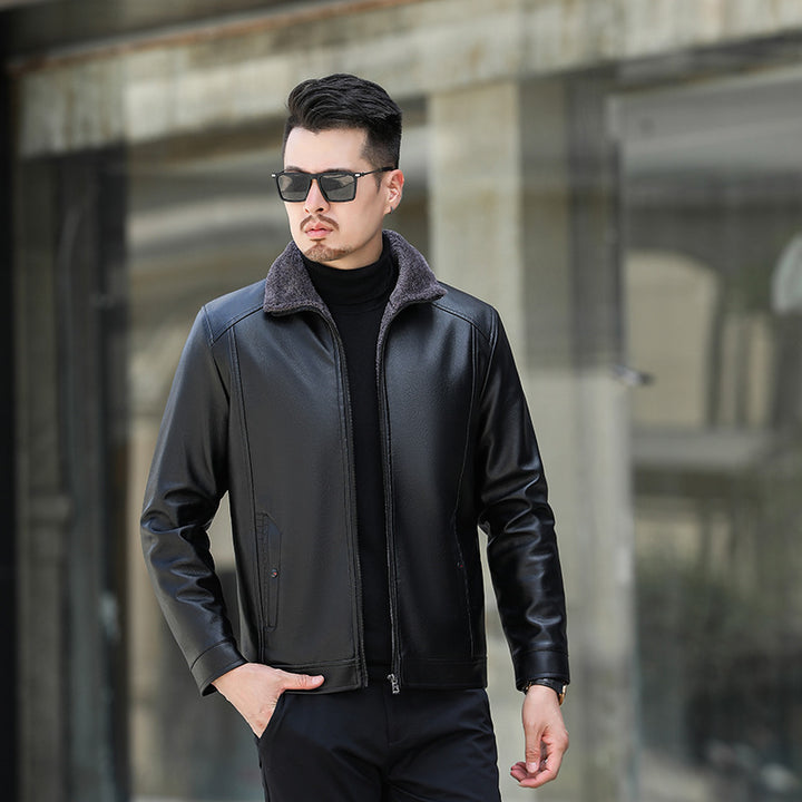 Men's leather jacket with soft fleece collar Chic and Style