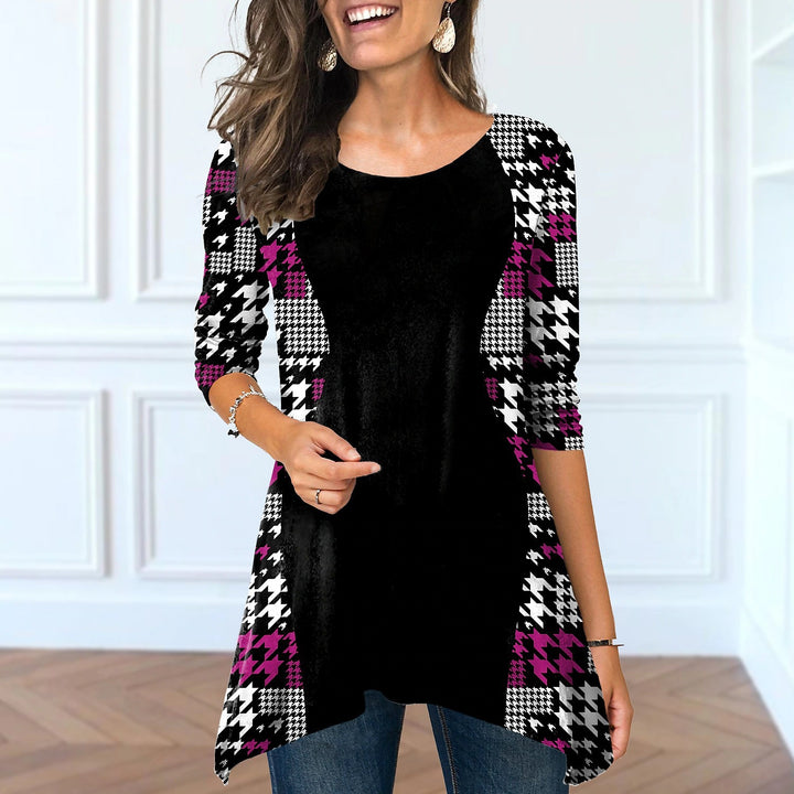 Ladies Long Sleeve Tunic with a Modern Checkered Pattern and an Asymmetrical Cut Lune London