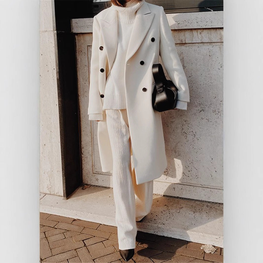 Ladies Long Wool Coat with Double-breasted and Wide Lapel Lune London