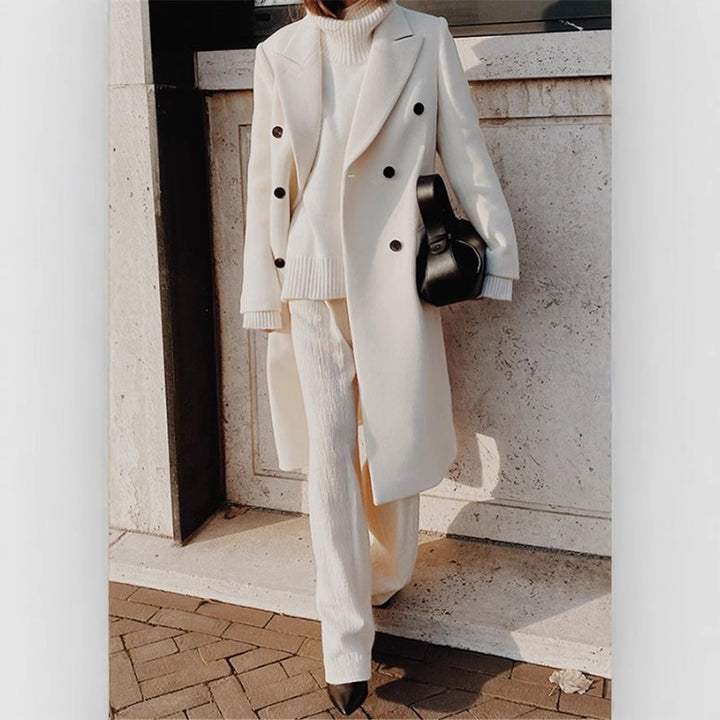 Ladies Long Wool Coat with Double-breasted and Wide Lapel Lune London