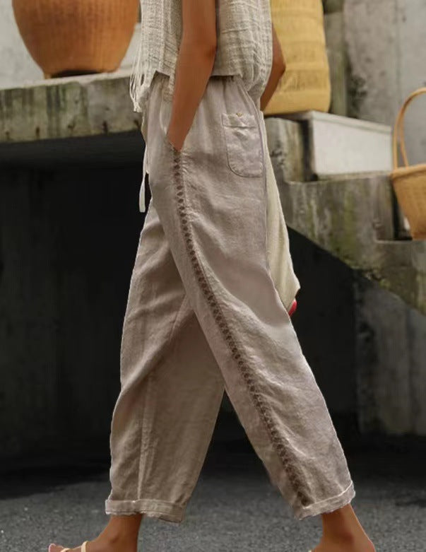 Palazzo pants for women with elastic waistband and tie belt on the side Lune London