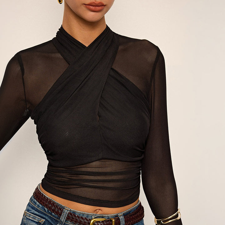Women Elegant long sleeve top with wrapped design and transparent inserts Lune London