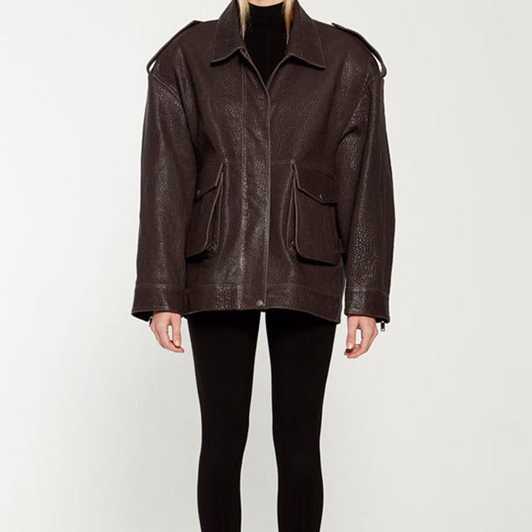Oversized leather jacket for women with a sturdy design and practical pockets Lune London