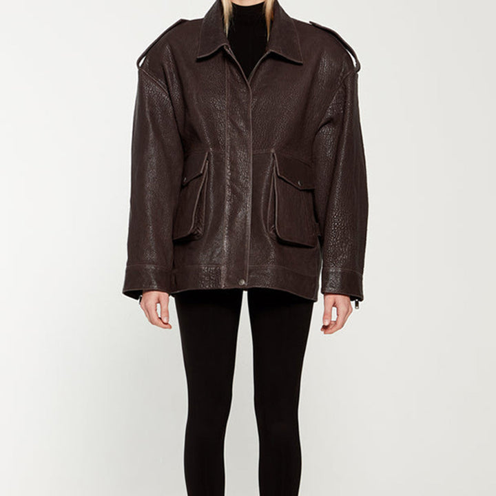 Oversized leather jacket for women with a sturdy design and practical pockets Lune London