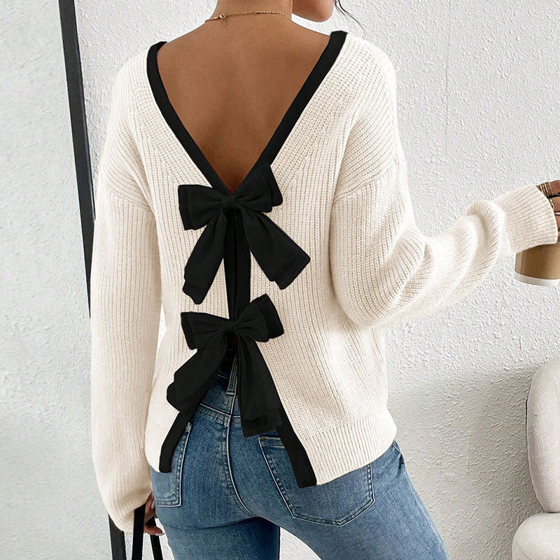 Pull-over en tricot pour femmes avec un col en V et des nœuds décoratifs autour