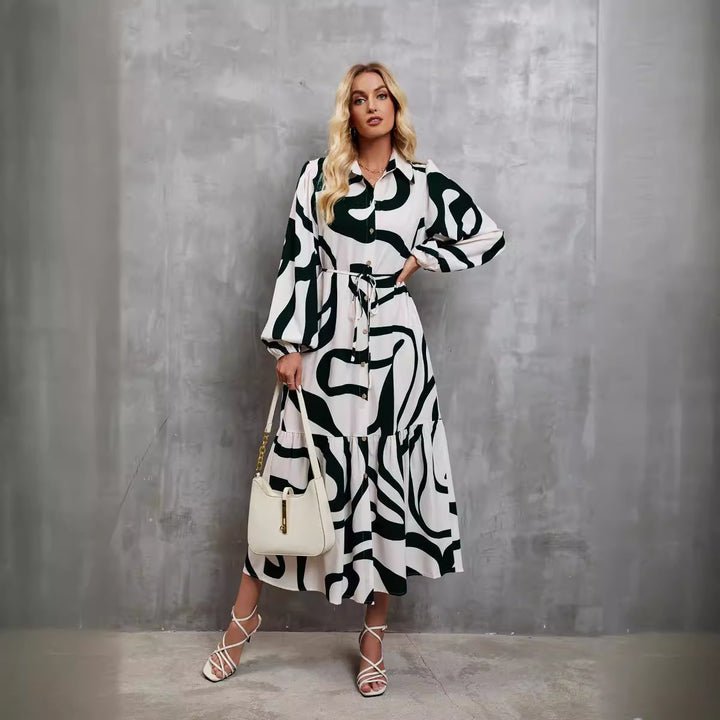 Women's Long Sleeve Dress with Sophisticated Graphic Design and Elegant Waist Belt Lune London