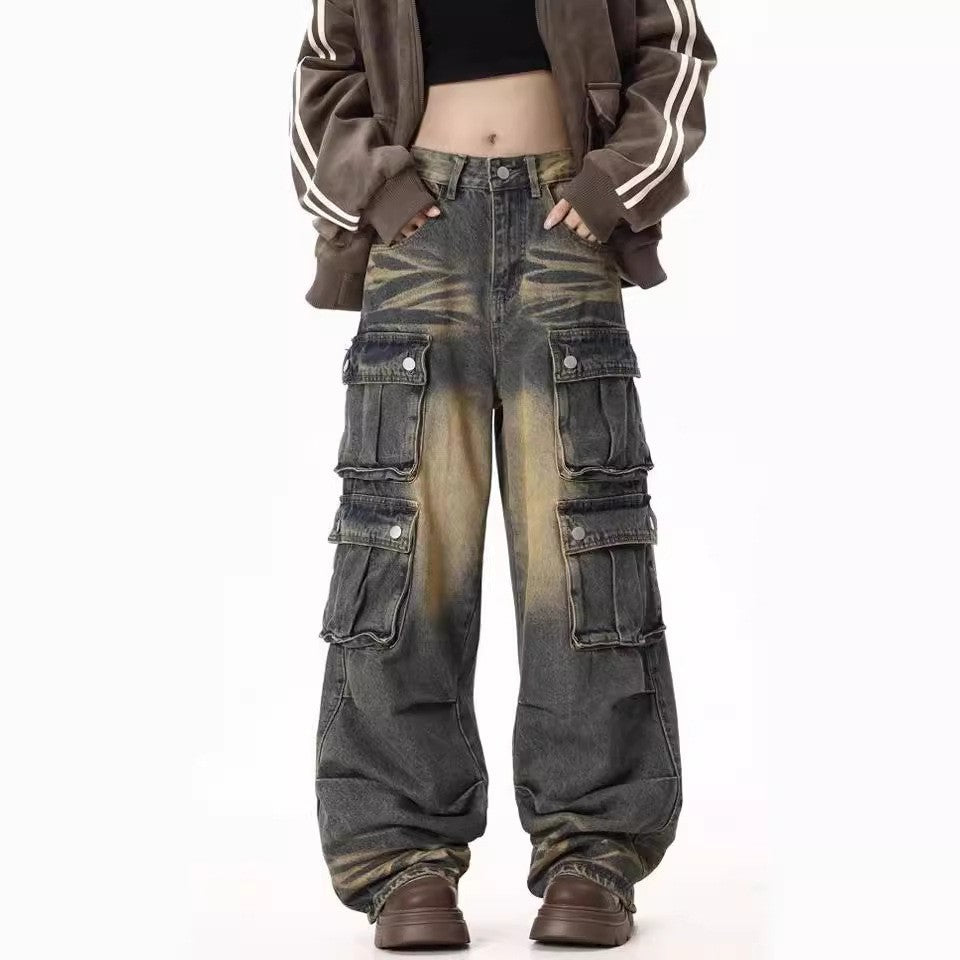 Women's Cargo Jeans with Wide Legs and Practical Side Pockets Lune London