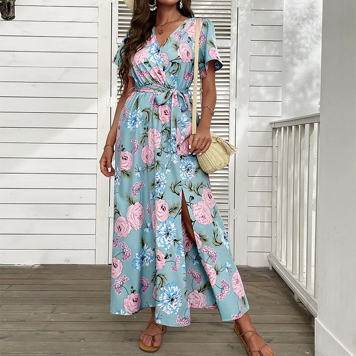 Floral wrap maxi dress for women with high slit Lune London