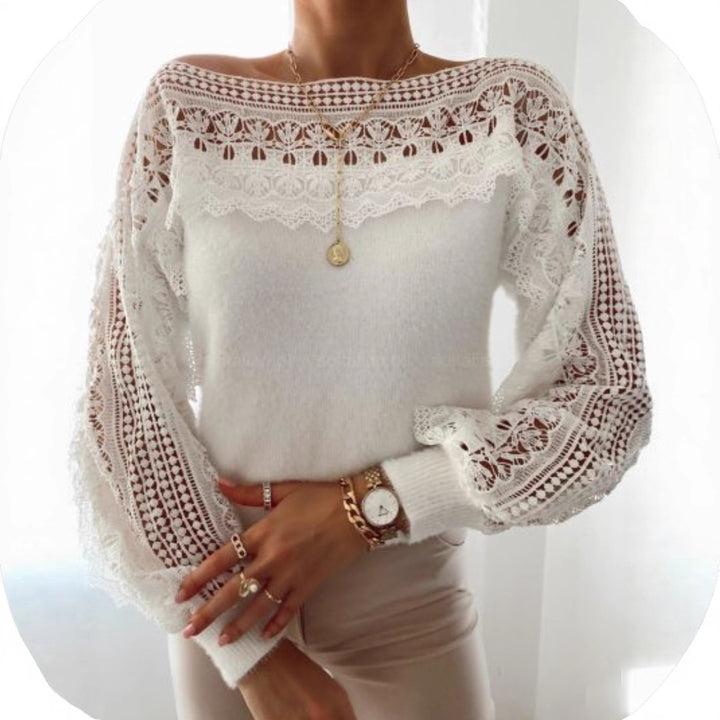 Knitted sweater for women with lace elements and ruffles Lune London