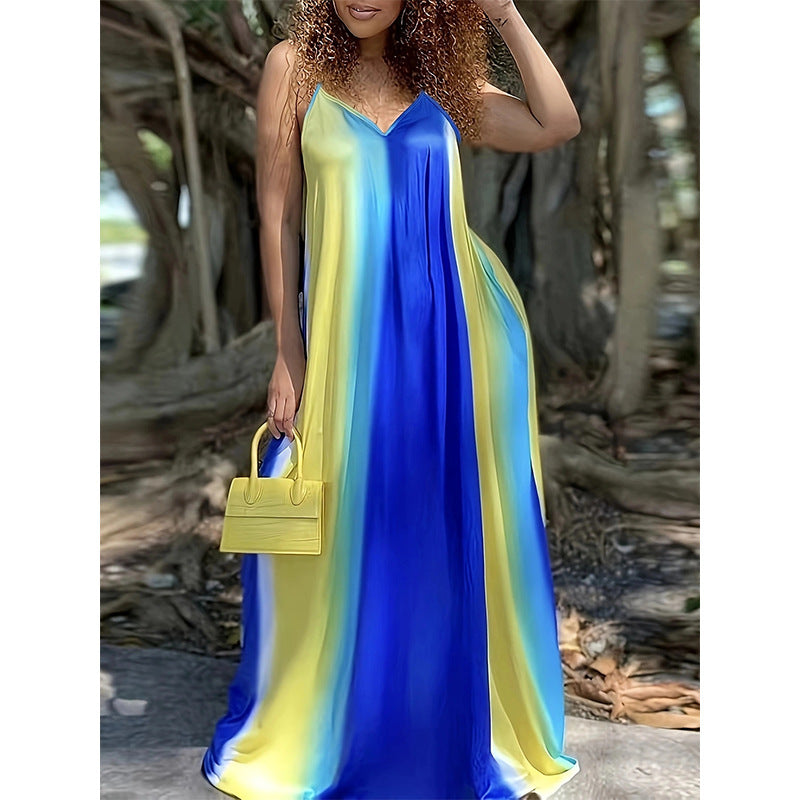Maxi dress for women with a fluid color gradient and delicate spaghetti straps Lune London