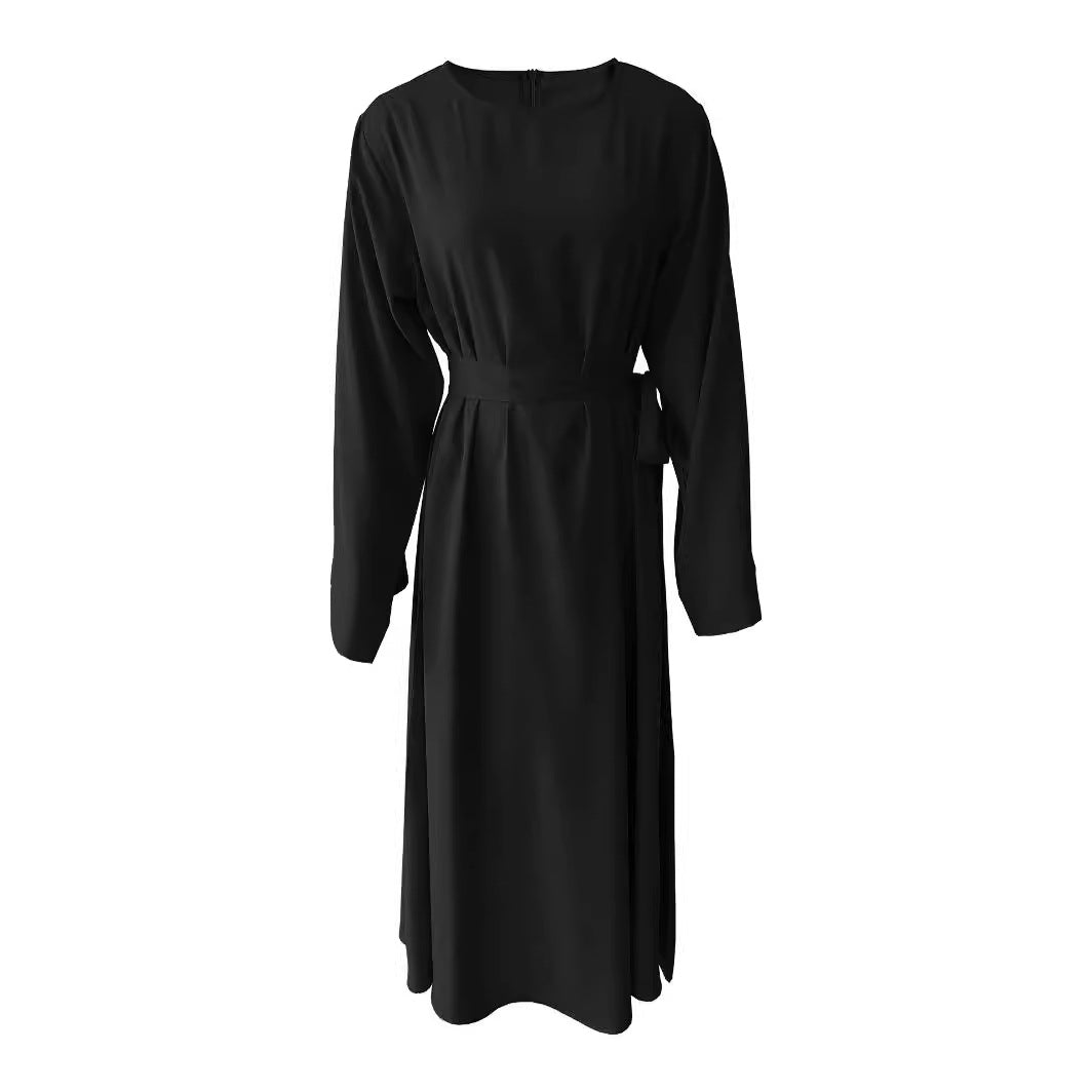 Midi dress for women with an elegant waist belt and long sleeves Lune London