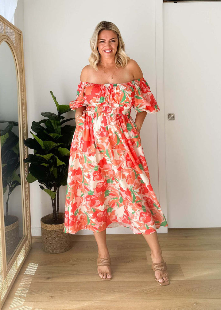 Women's Off-Shoulder Maxi Dress with Floral Patterns and Elastic Waist Lune London