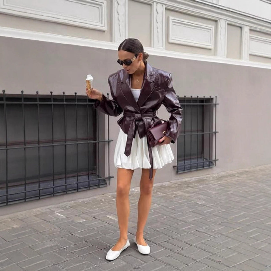 Faux leather blazer for women with adjustable belt Lune London